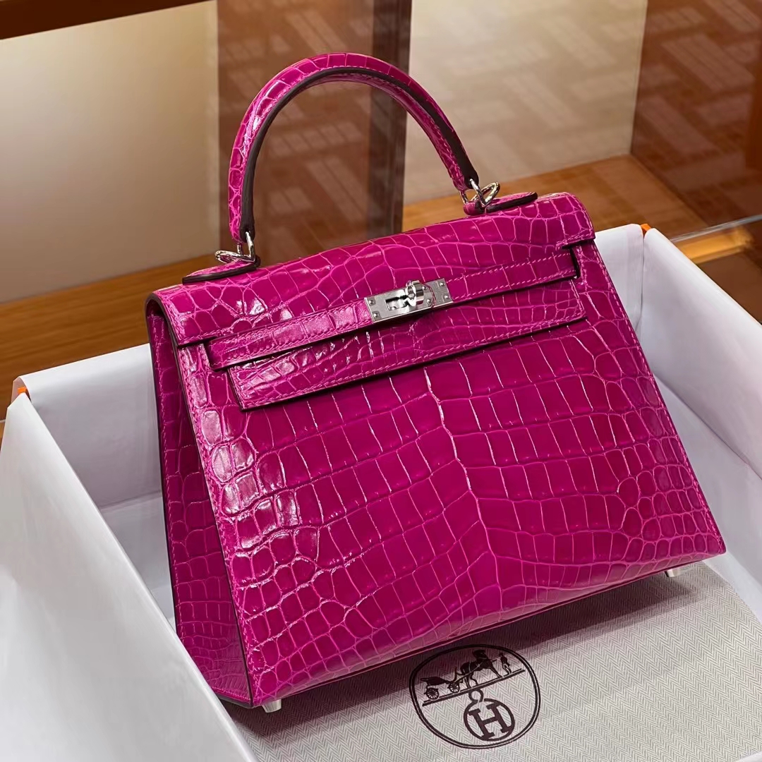 HERMES Kelly 25CM/28CM 5J Fushsia Alligator SHW Full handmade