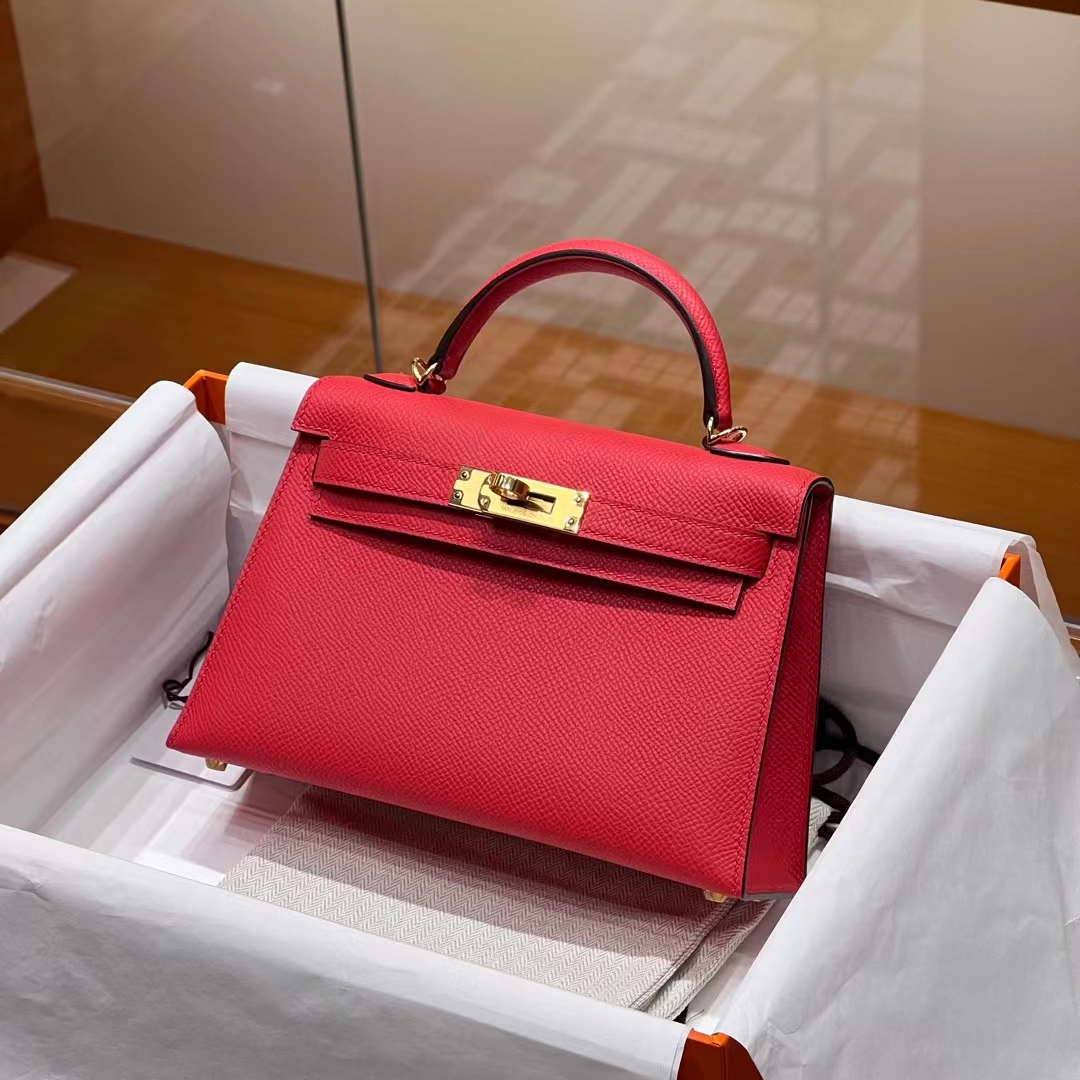 HERMES Mini Kelly 19CM Q5 Rouge Casaque  Epsom SHW Full handmade fatory