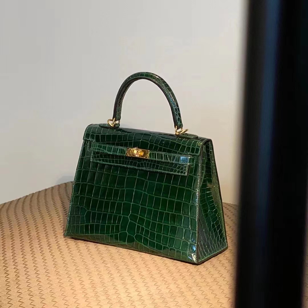 HERMES Kelly 25CM 67 Vert Fonce  Niloticus GHW Full handmade 25x17x7cm