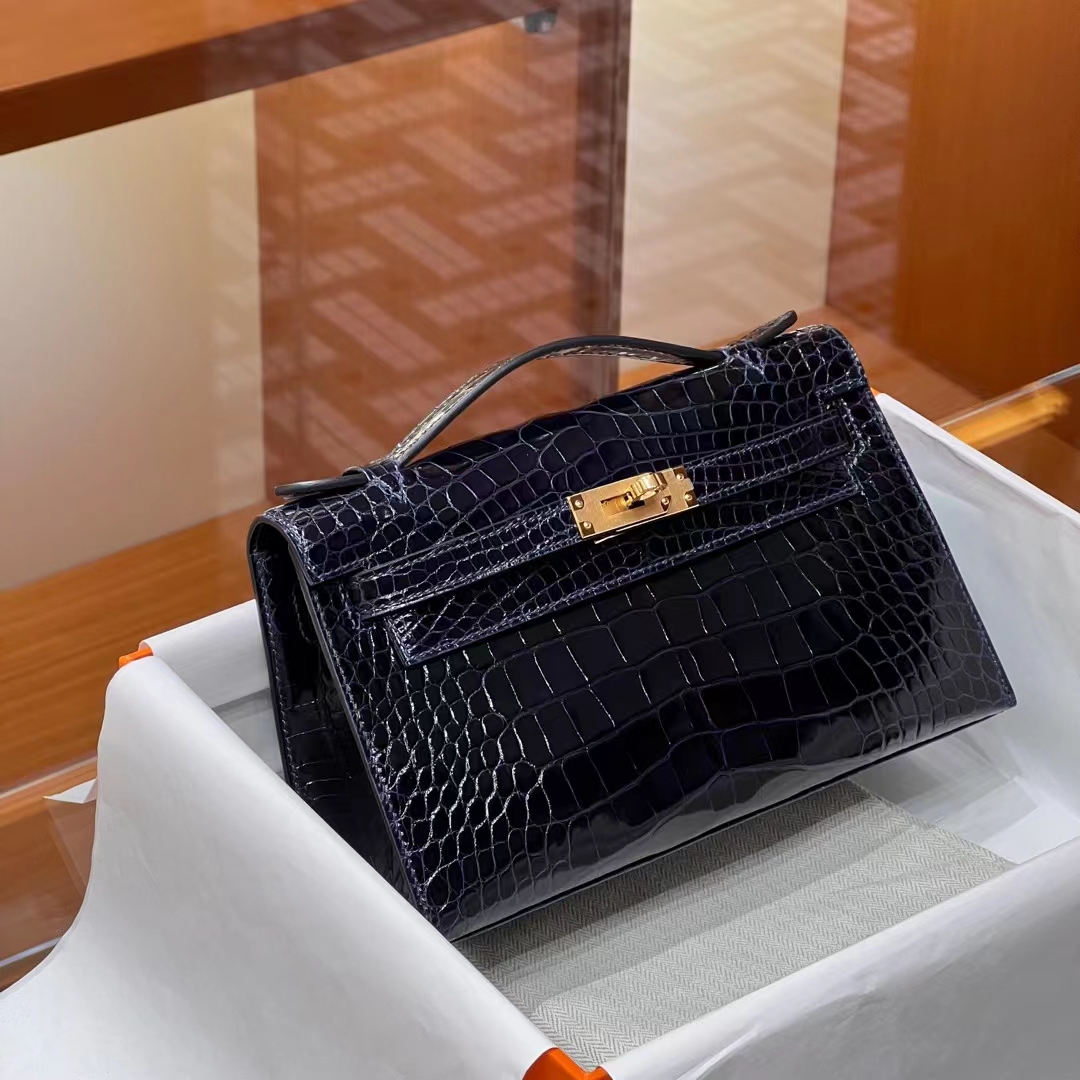 HERMES Kelly Pochette Alligator 2Z Blue nuit Full handmade 22x14x7cm 【God Factory】 Factory