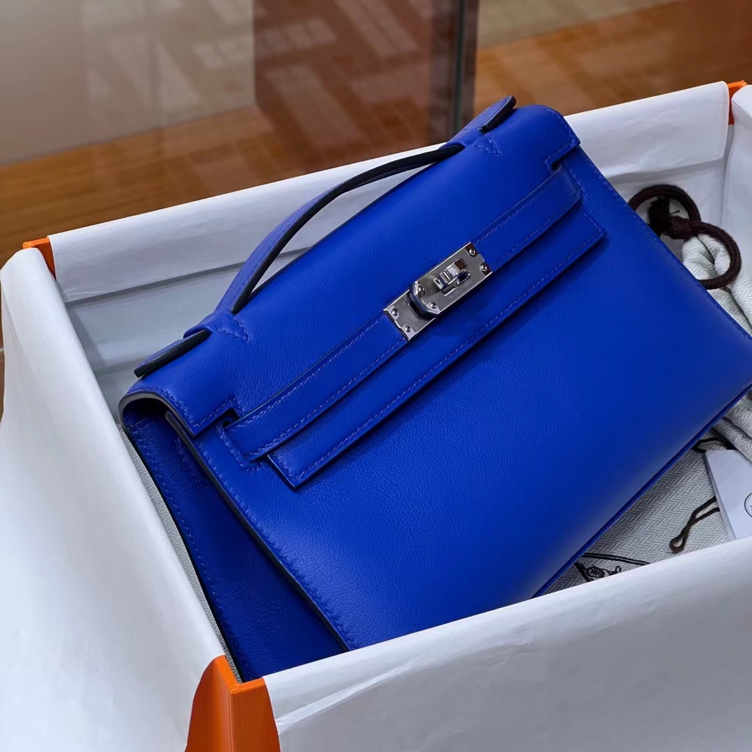 HERMES Kelly Pochette 22CM 7T Bleu electrique Swift SHW Full handmade fatory