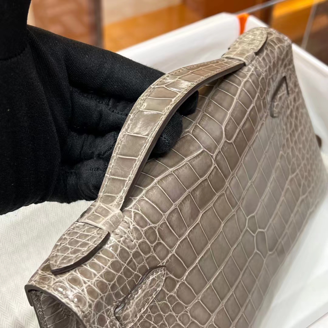 HERMES Kelly pochetto 22cm 8C Gri Elephant  Alligator GOLD Hardware HandMade