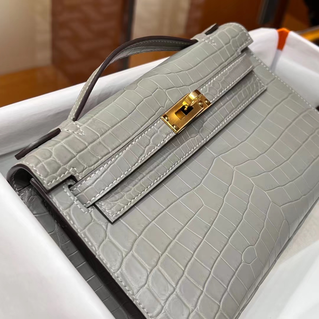 HERMES Kelly pochetto 22cm M8 Gris Asphalte Niloticus GOLD Hardware HandMade