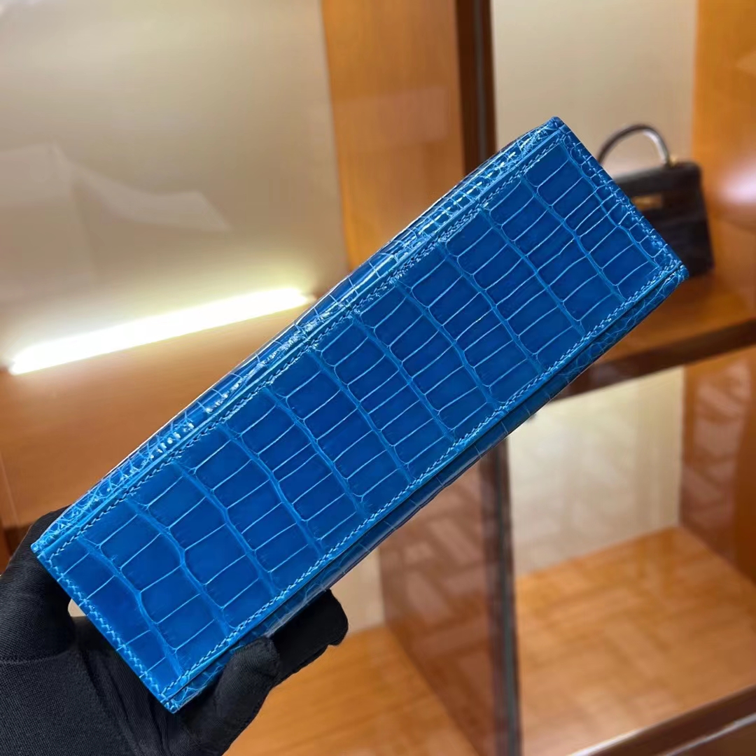 HERMES Kelly Pochette Alligator 7W Bleu Izmir Full handmade 22x14x7cm 【God Factory】 Factory