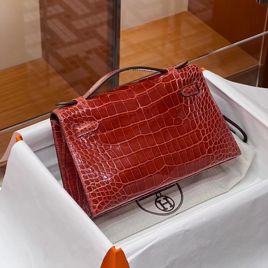 HERMES Kelly pochetto 22cm 4E SIENNE Alligator GOLD Hardware HandMade