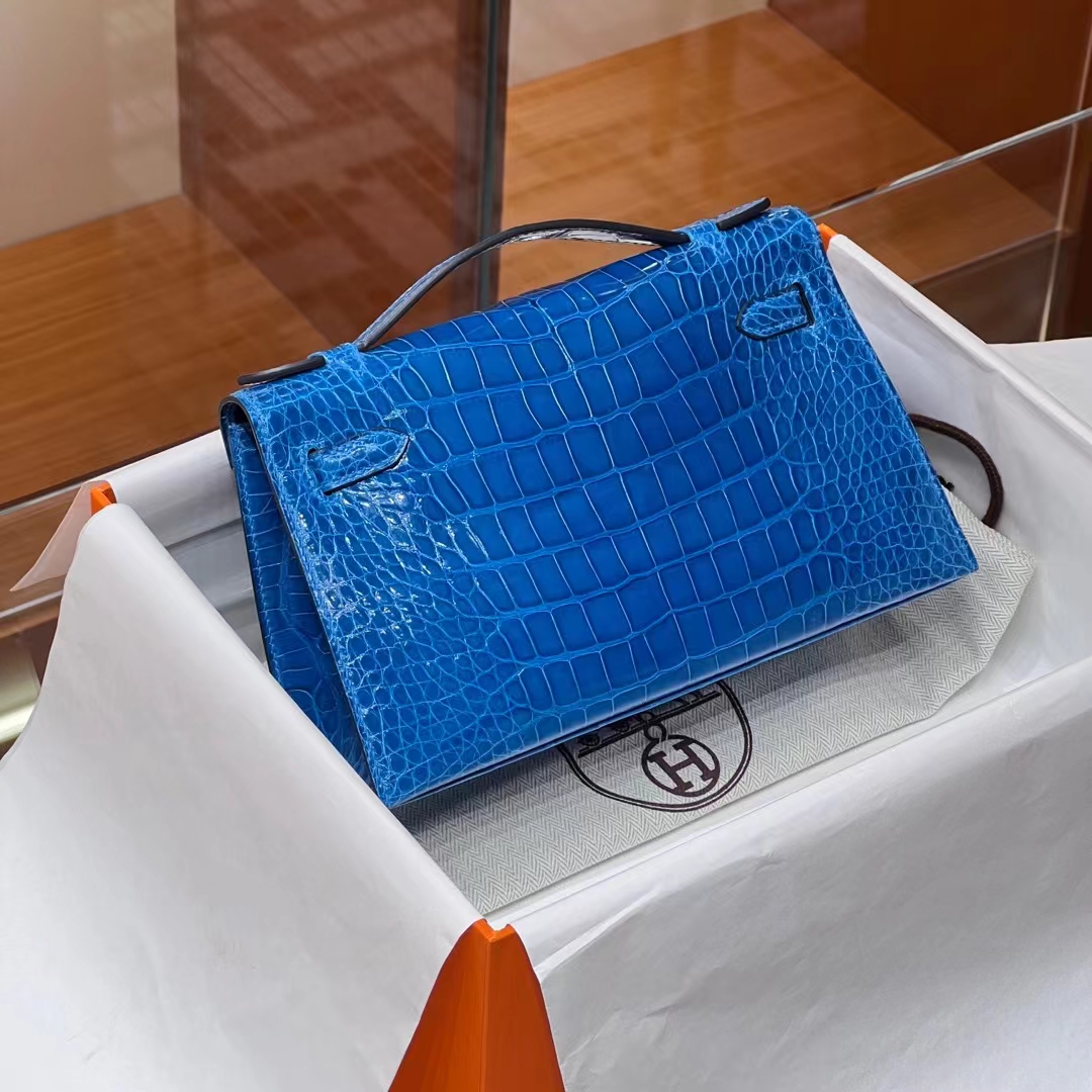 HERMES Kelly pochetto 22cm 7W Bleu Izmir  Alligator  Silvery Hardware HandMade