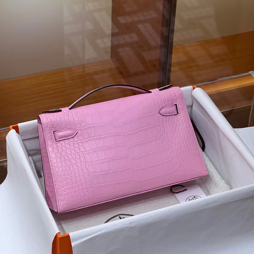 HERMES Kelly Pochette Alligator 5P Pink Full handmade 22x14x7cm 【God Factory】 Factory