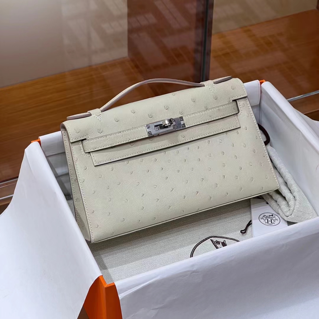 HERMES Kelly Pochette 10 Craie Ostrich Full handmade Kelly fatory