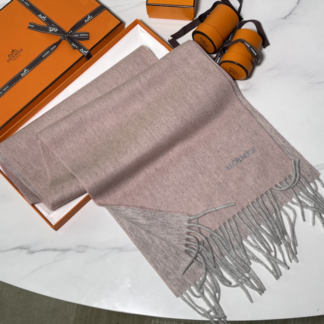 HERMES Cashmere Scarf Pinkish Gray Fatory 30*180cm