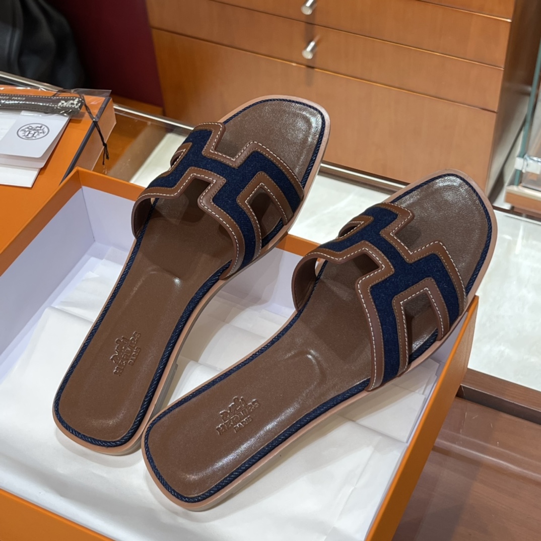 HERMES  Sandals New Slippers Handmade Italian lamb sole 10 days of shipment 73 Blue Saphir&CK37