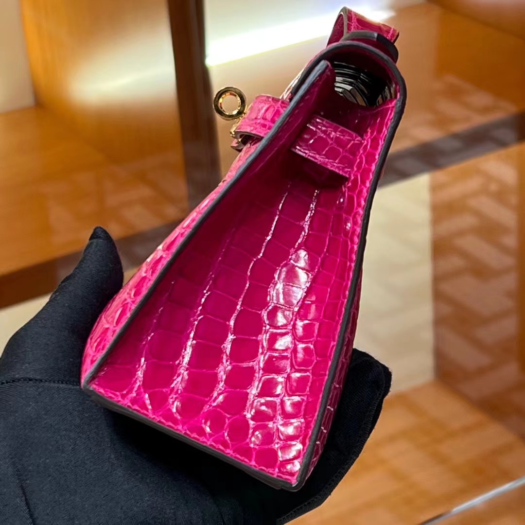 HERMES Kelly pochetto 22cm 5J Fushsia Alligator GOLD Hardware HandMade