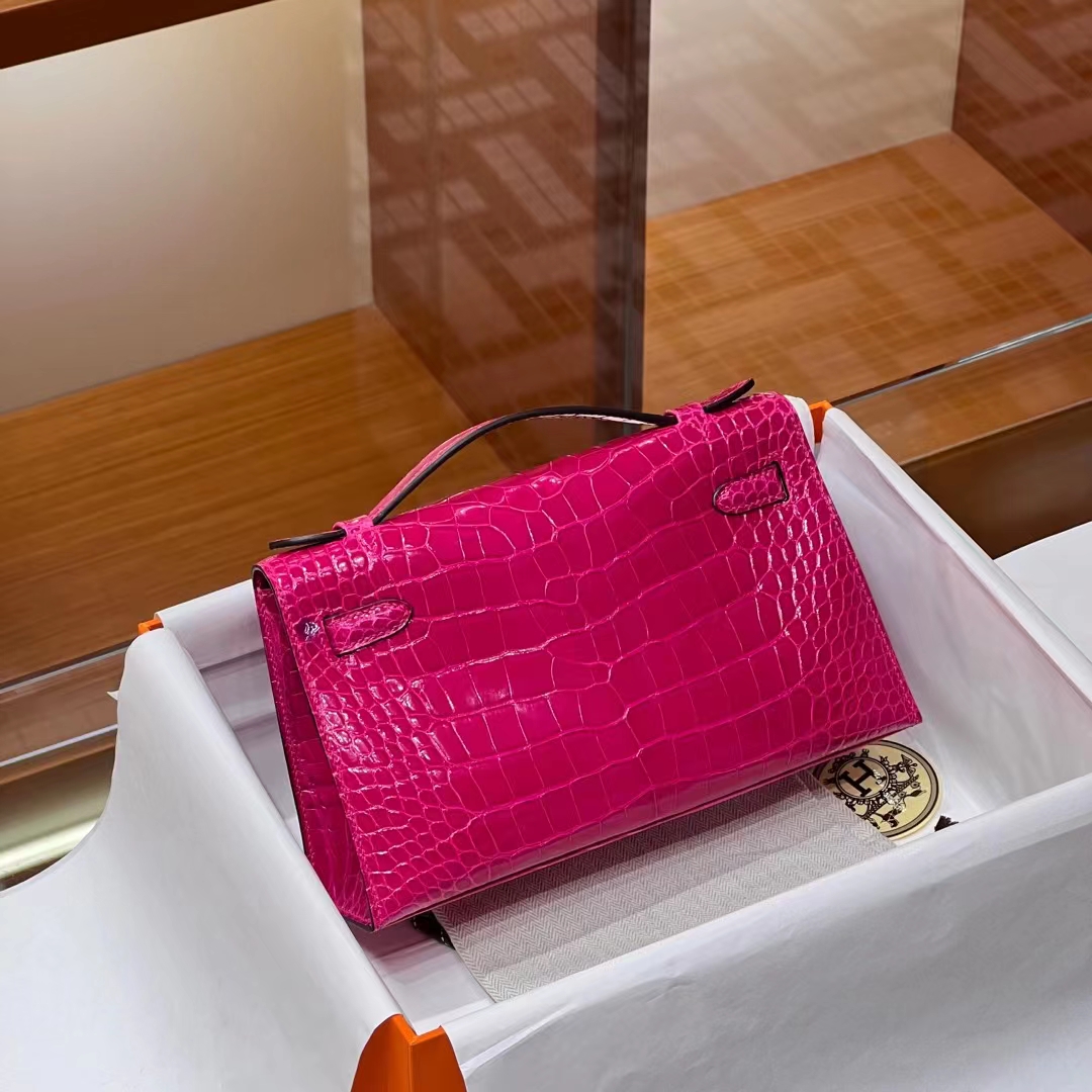 HERMES Kelly Pochette Alligator 5J Fushsia Full handmade 22x14x7cm 【God Factory】 Factory