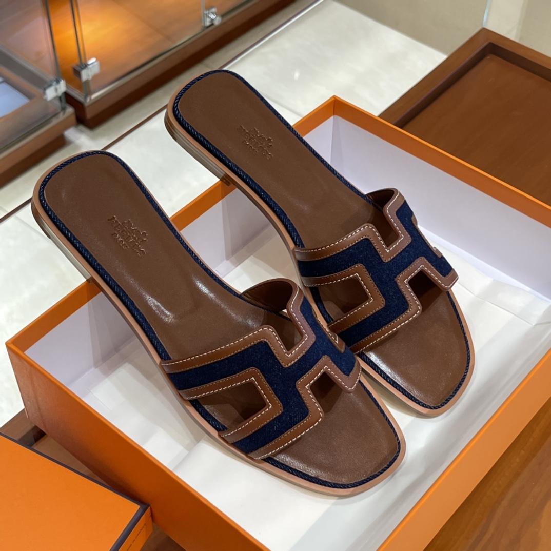 HERMES  Sandals New Slippers Handmade Italian lamb sole 10 days of shipment 73 Blue Saphir&CK37