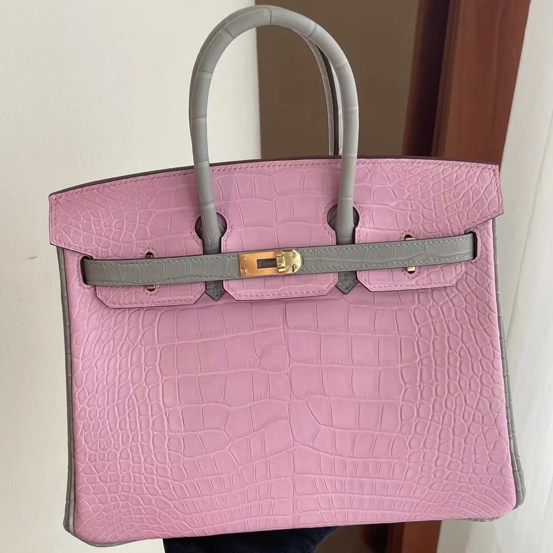 Hermes Birkin 25CM 5P Pink 80 Gris Perle Matte Alligator Crocodile