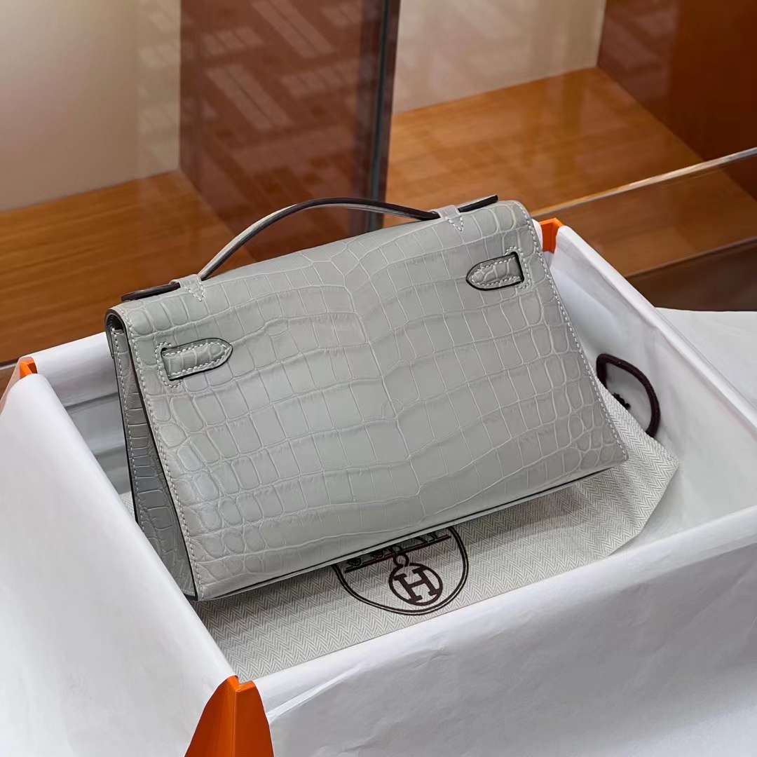 HERMES Kelly pochetto 22cm M8 Gris Asphalte Niloticus GOLD Hardware HandMade