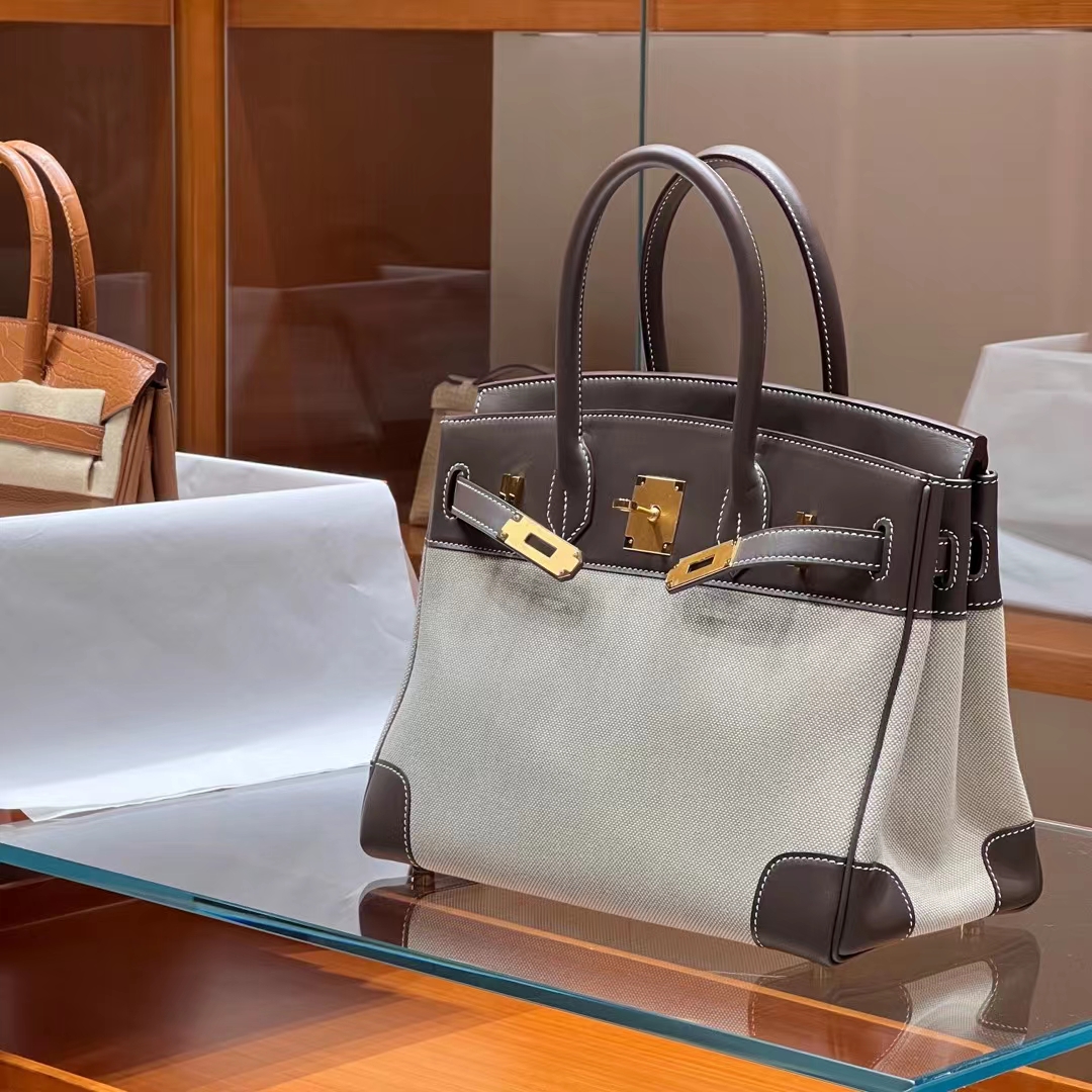 HERMES Birkin 30CM Swift&Canvas 8C Gri Elephant Full handmade Factory