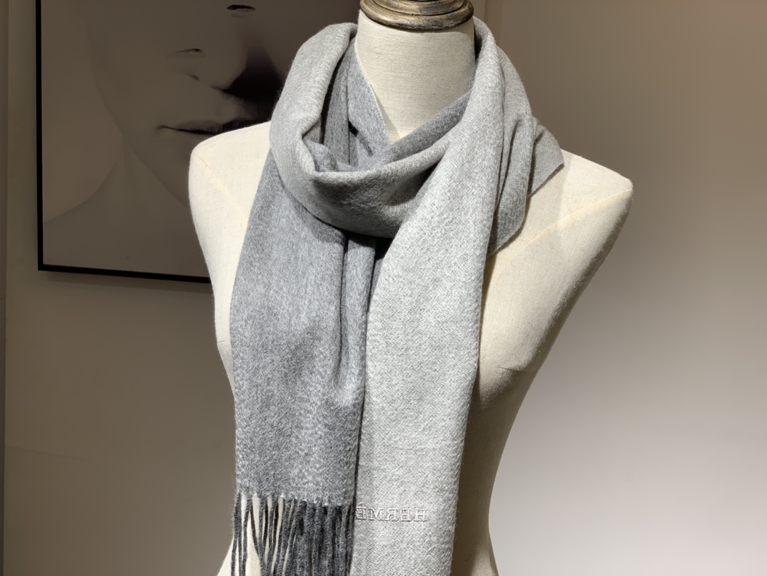 HERMES Cashmere Scarf 8M Gris Paris Fatory 30*180cm