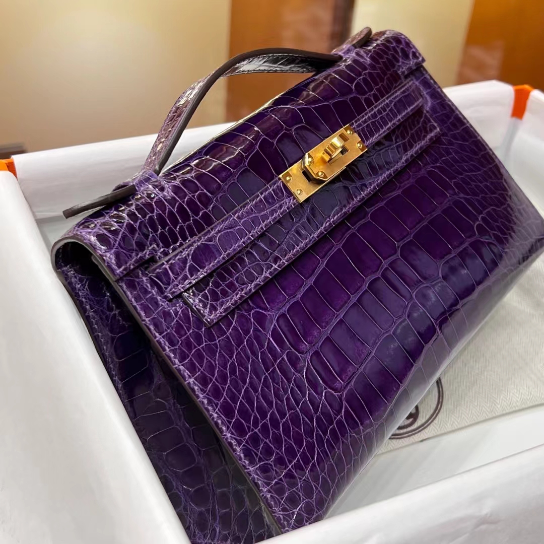 HERMES Kelly Pochette Alligator 5L Ultraviolet Full handmade 22x14x7cm 【God Factory】 Factory