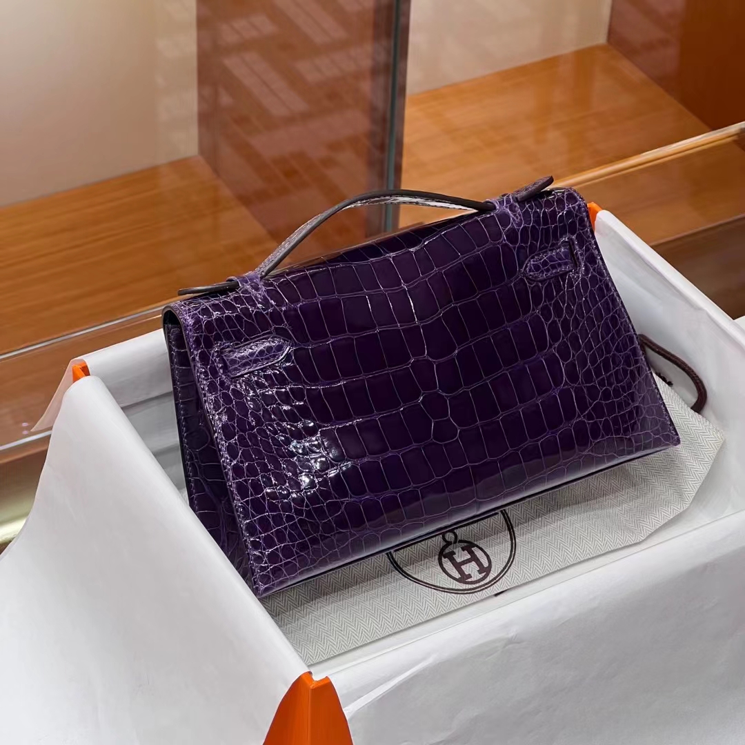 HERMES Kelly pochetto 22cm 9G Amethyste Alligator GOLD Hardware HandMade