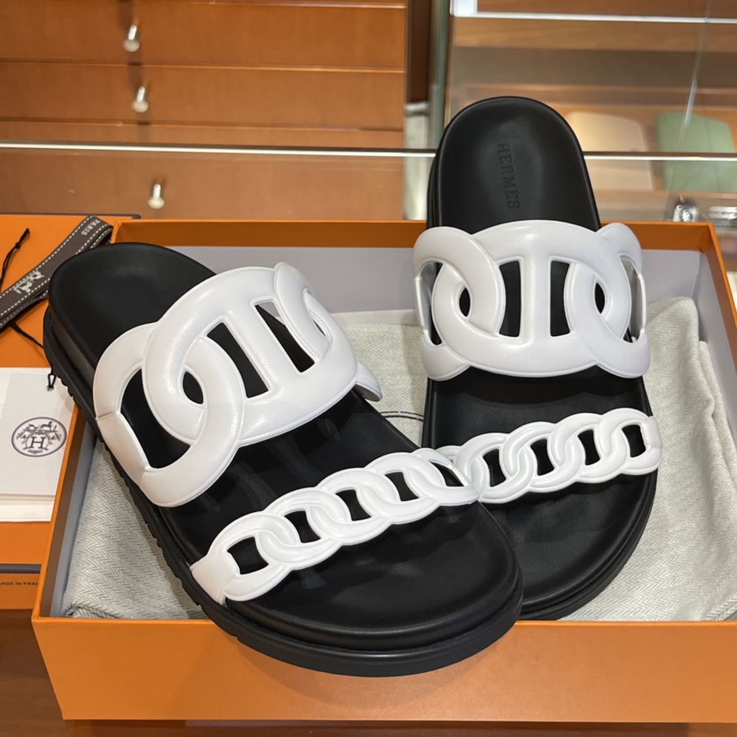 HERMES Extra  Sandals New Slippers Handmade Italian lamb sole 10 days of shipment 01 Blanc
