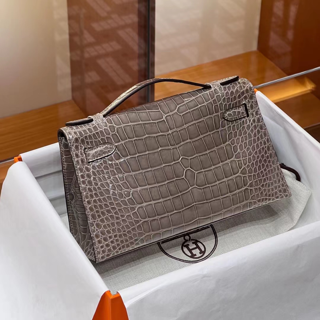 HERMES Kelly pochetto 22cm 8C Gri Elephant Alligator GOLD Hardware HandMade