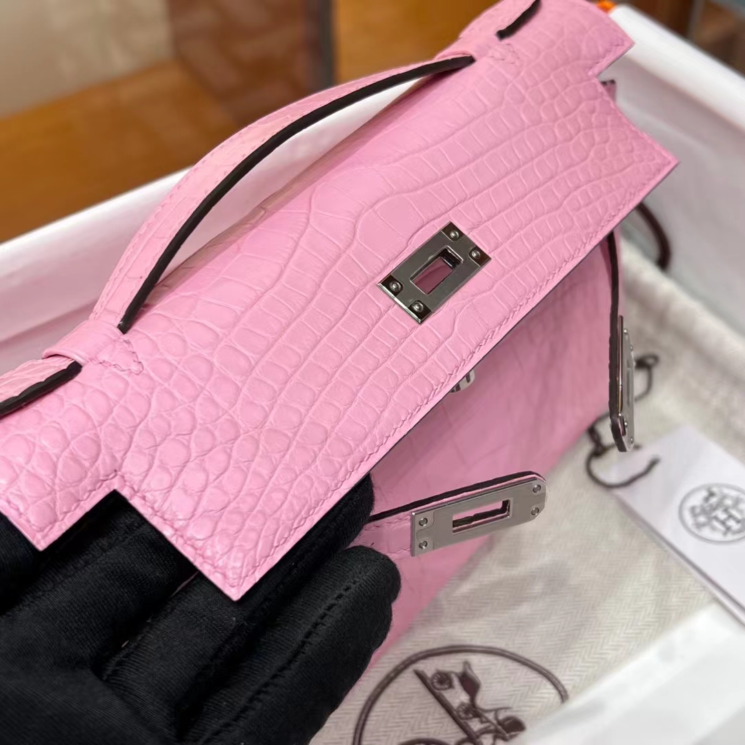 HERMES  Kelly Pochette 3Q Alligator Silvery Hardware HandMade