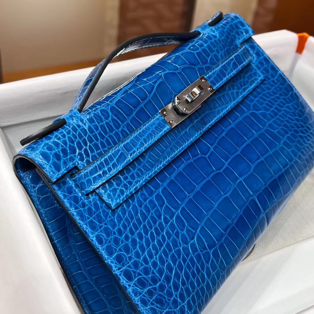 HERMES Kelly Pochette Alligator 7W Bleu Izmir Full handmade 22x14x7cm 【God Factory】 Factory