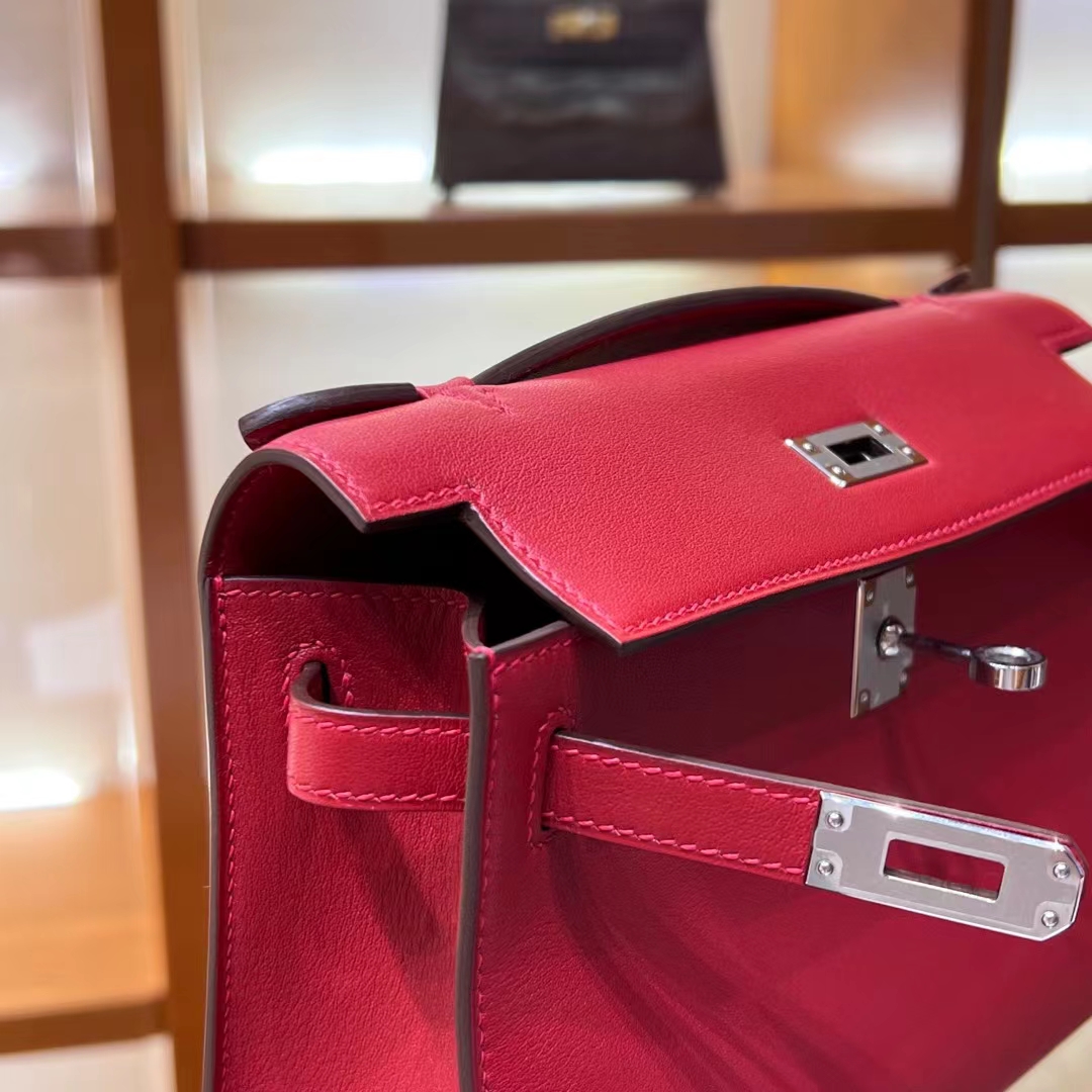 HERMES Kelly Pochette 55 Rouge H Swift Full handmade Kelly fatory