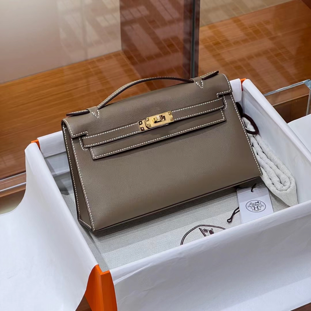 HERMES Kelly Pochette 8C Gri Elephant Swift Full handmade Kelly fatory