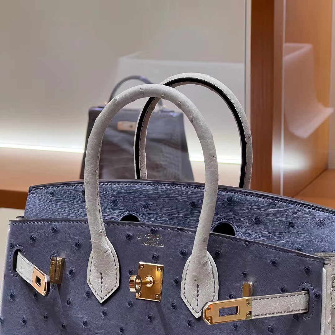 HERMES  Birkin 25CM 8U Bleu Glacler 10 Craie Ostrich GHW Full handmade fatory