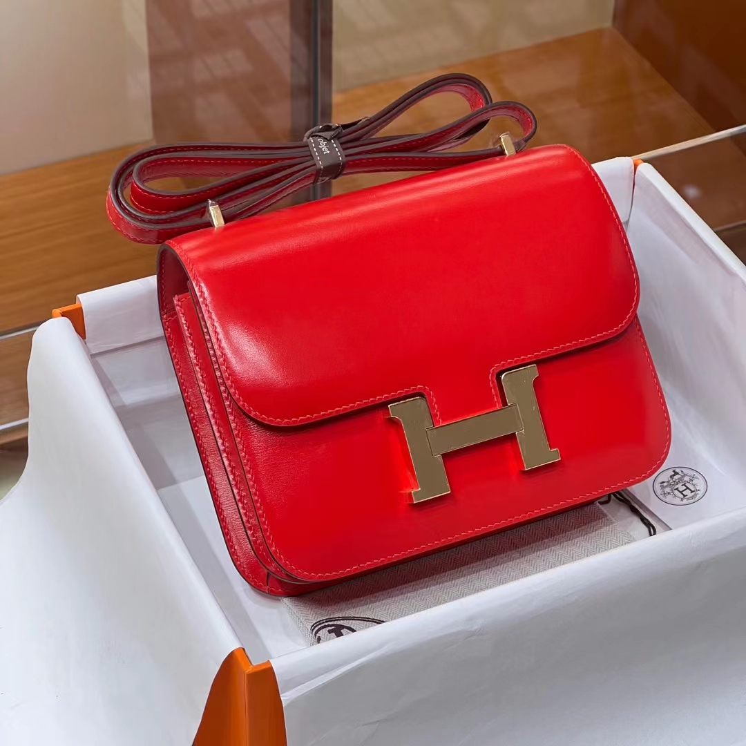 Constance 19CM S5 Rouge Tomate BOX Full handmade HERMES Fatory