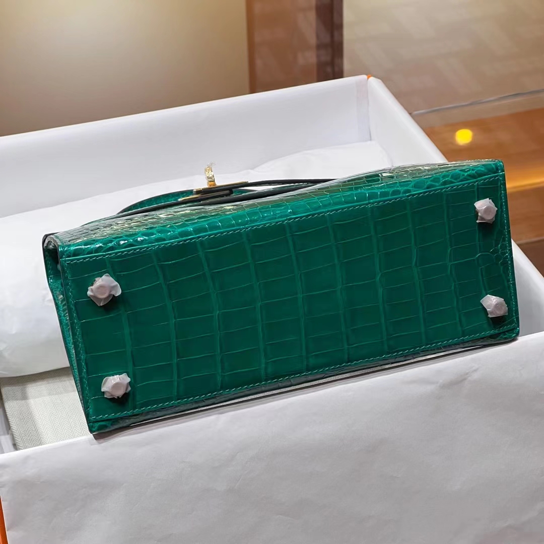 HERMES Kelly 25CM/28CM 6Q Vert Emeraude Alligator GHW Full handmade