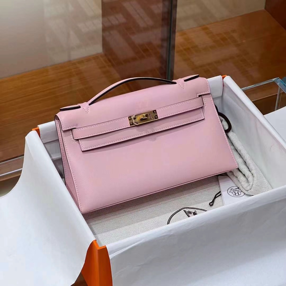 HERMES Kelly Pochette Swift 5P Pink Full handmade 22x14x7cm 【God Factory】 Factory