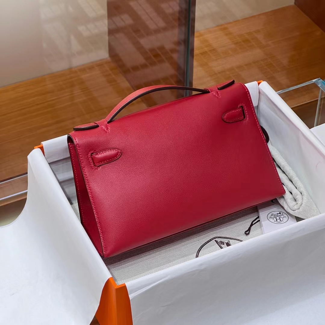 HERMES Kelly Pochette 55 Rouge H Swift Full handmade Kelly fatory