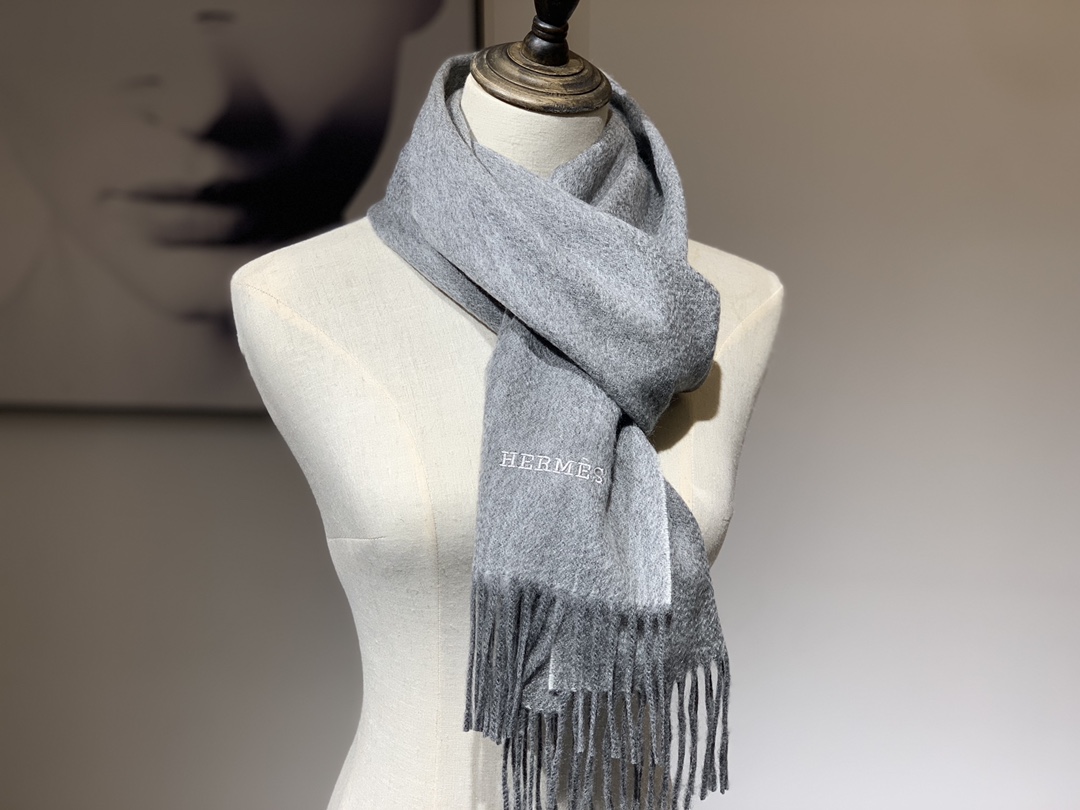 HERMES Cashmere Scarf 8M Gris Paris Fatory 30*180cm