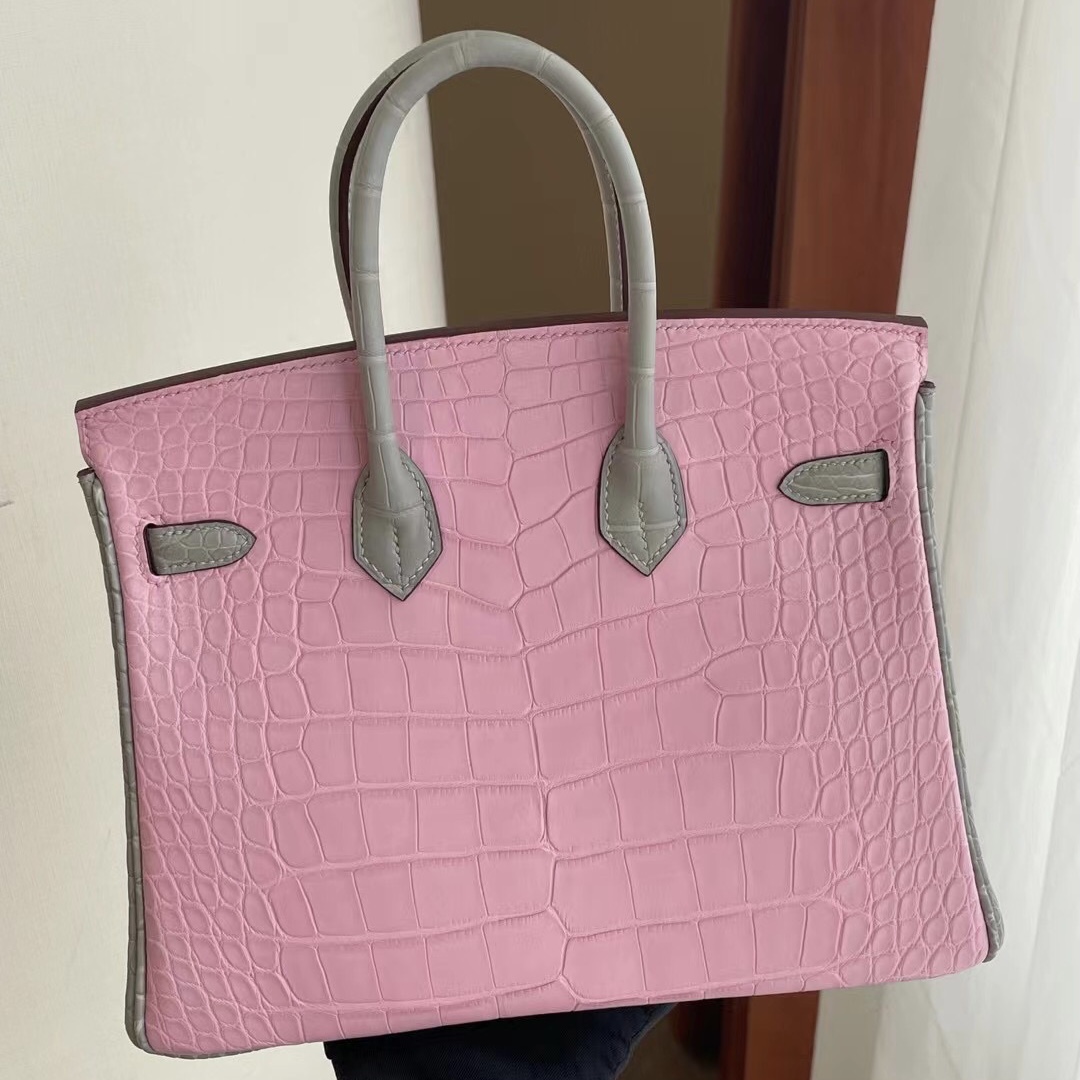 Hermes Birkin 25CM 5P Pink 80 Gris Perle Matte Alligator Crocodile