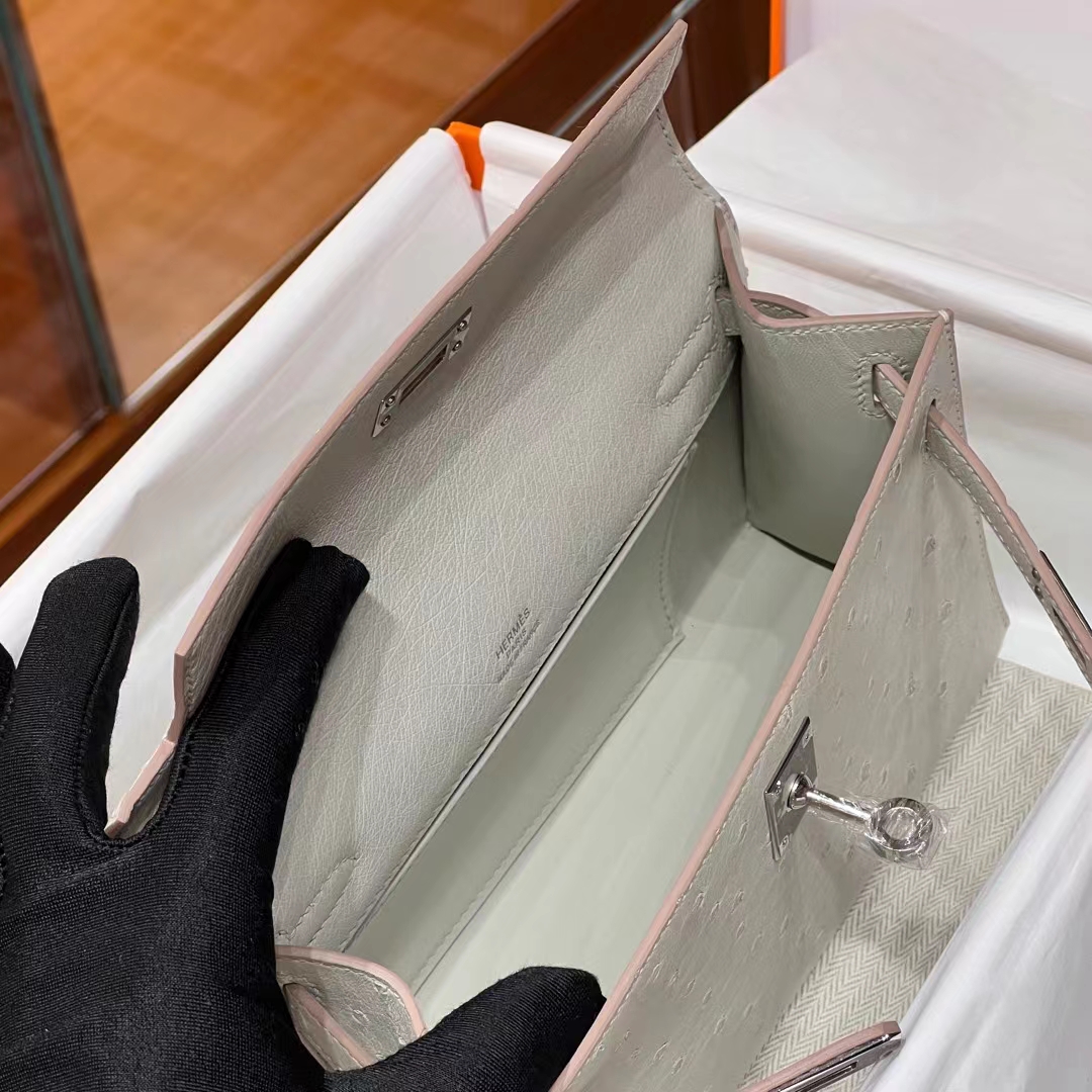 HERMES Kelly Pochette 8L Beton Ostrich SHW Full handmade fatory