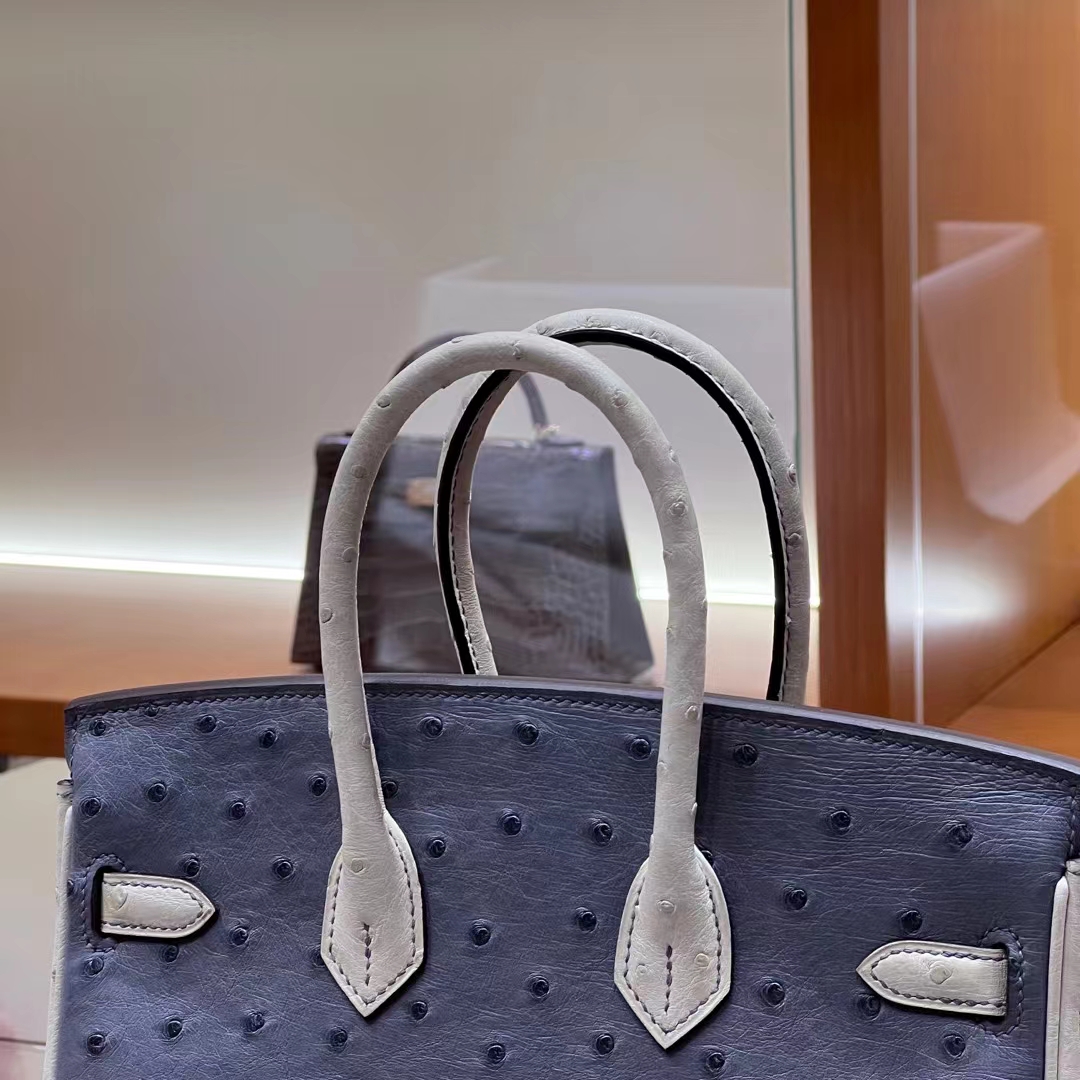 HERMES  Birkin 25CM 8U Bleu Glacler 10 Craie Ostrich GHW Full handmade fatory