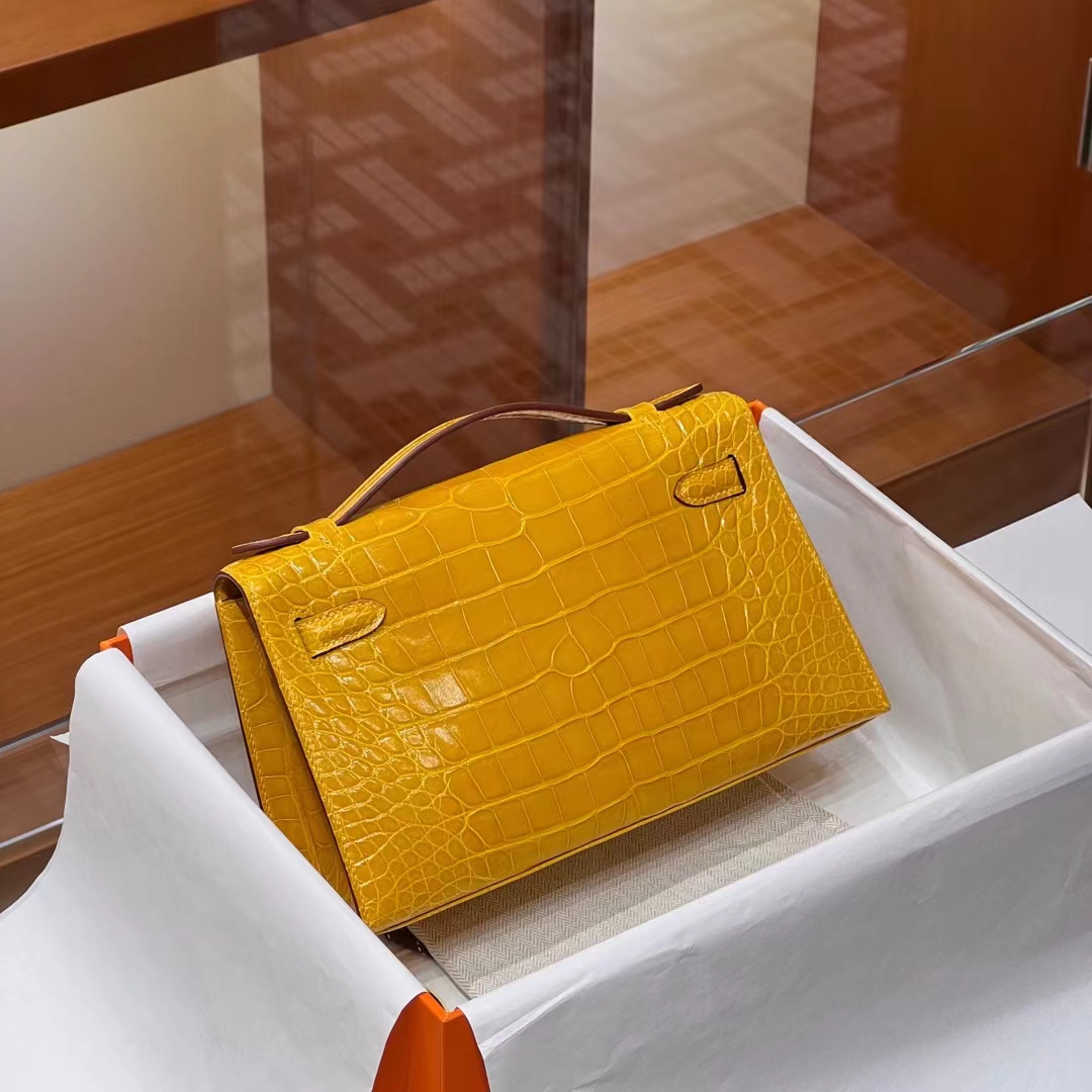 HERMES Kelly pochetto 22cm 9D  Alligator GOLD Hardware HandMade
