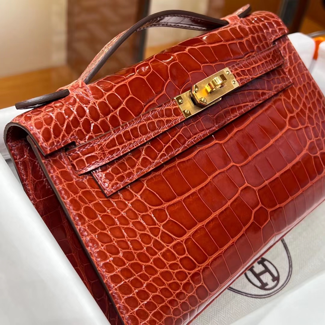 HERMES Kelly pochetto 22cm 4E SIENNE Alligator GOLD Hardware HandMade