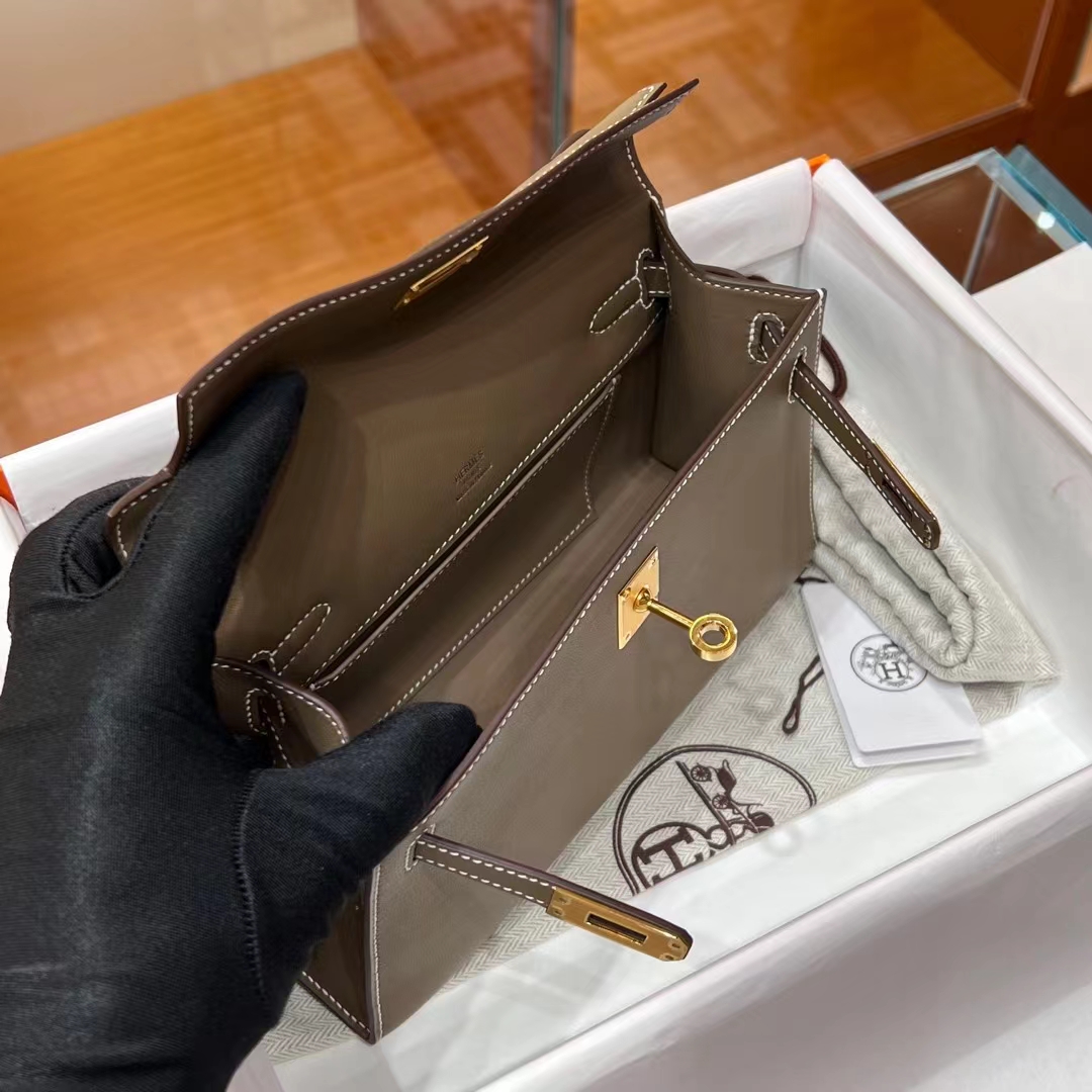 HERMES Kelly Pochette 8C Gri Elephant Swift Full handmade Kelly fatory