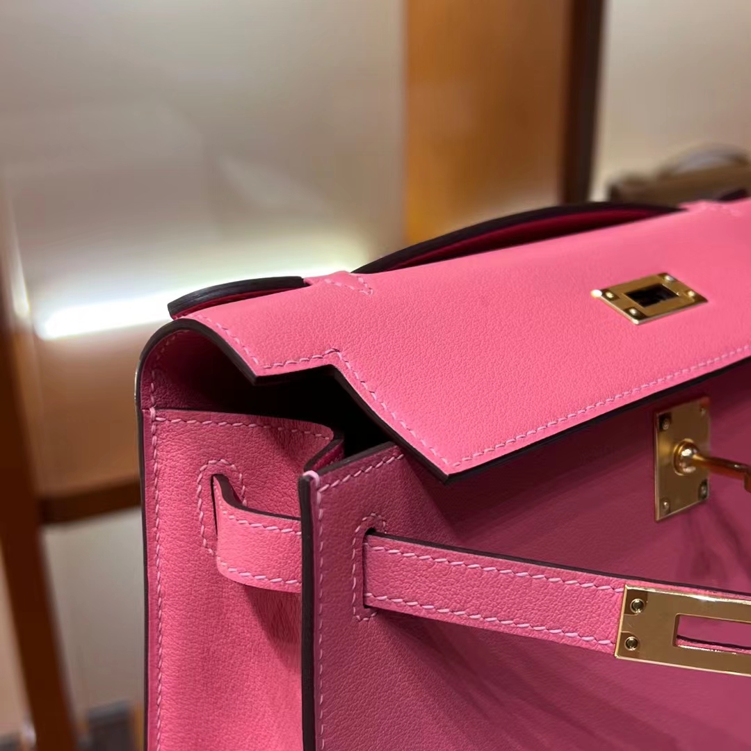 HERMES Kelly Pochette 22CM 5U Rose Dragee Swift GHW Full handmade fatory