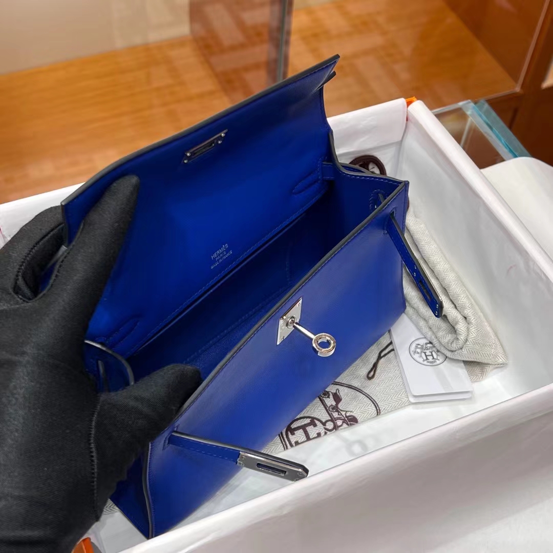 HERMES Kelly Pochette 22CM 7T Bleu electrique Swift SHW Full handmade fatory
