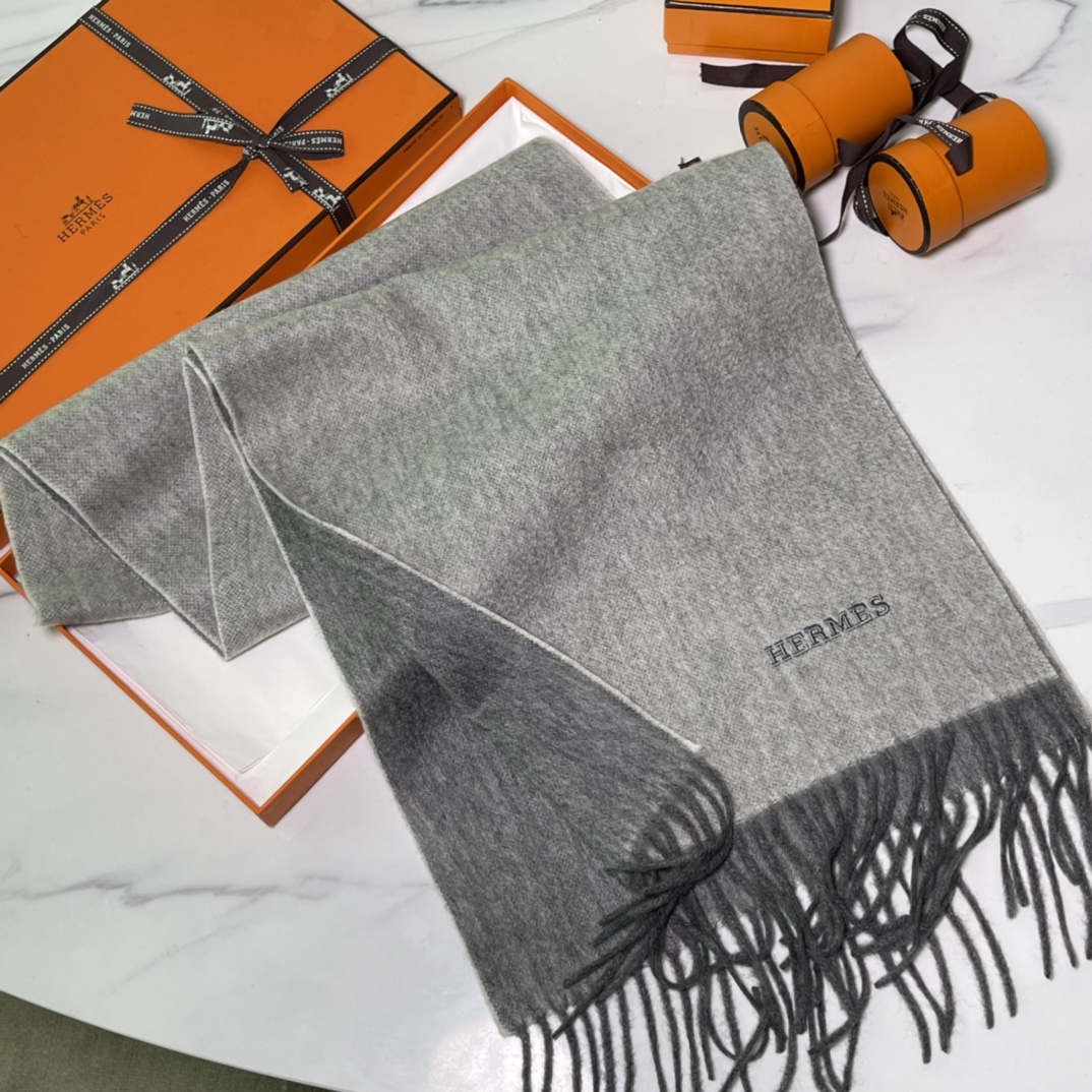HERMES Cashmere Scarf 8M Gris Paris Fatory 30*180cm