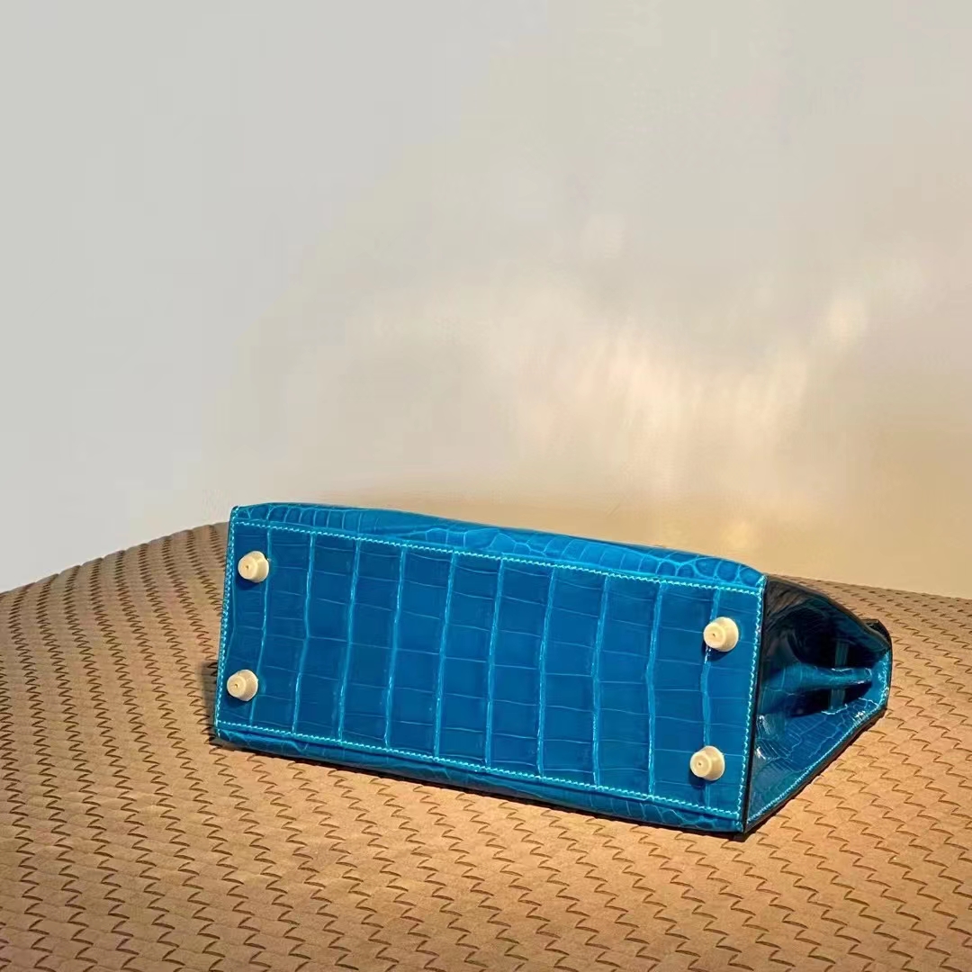 HERMES Kelly 25CM T7 Bleu Hydra  Niloticus GHW Full handmade 25x17x7cm