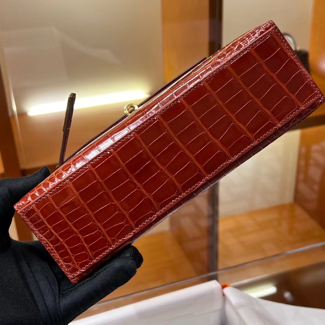 HERMES Kelly pochetto 22cm 4E SIENNE Alligator GOLD Hardware HandMade