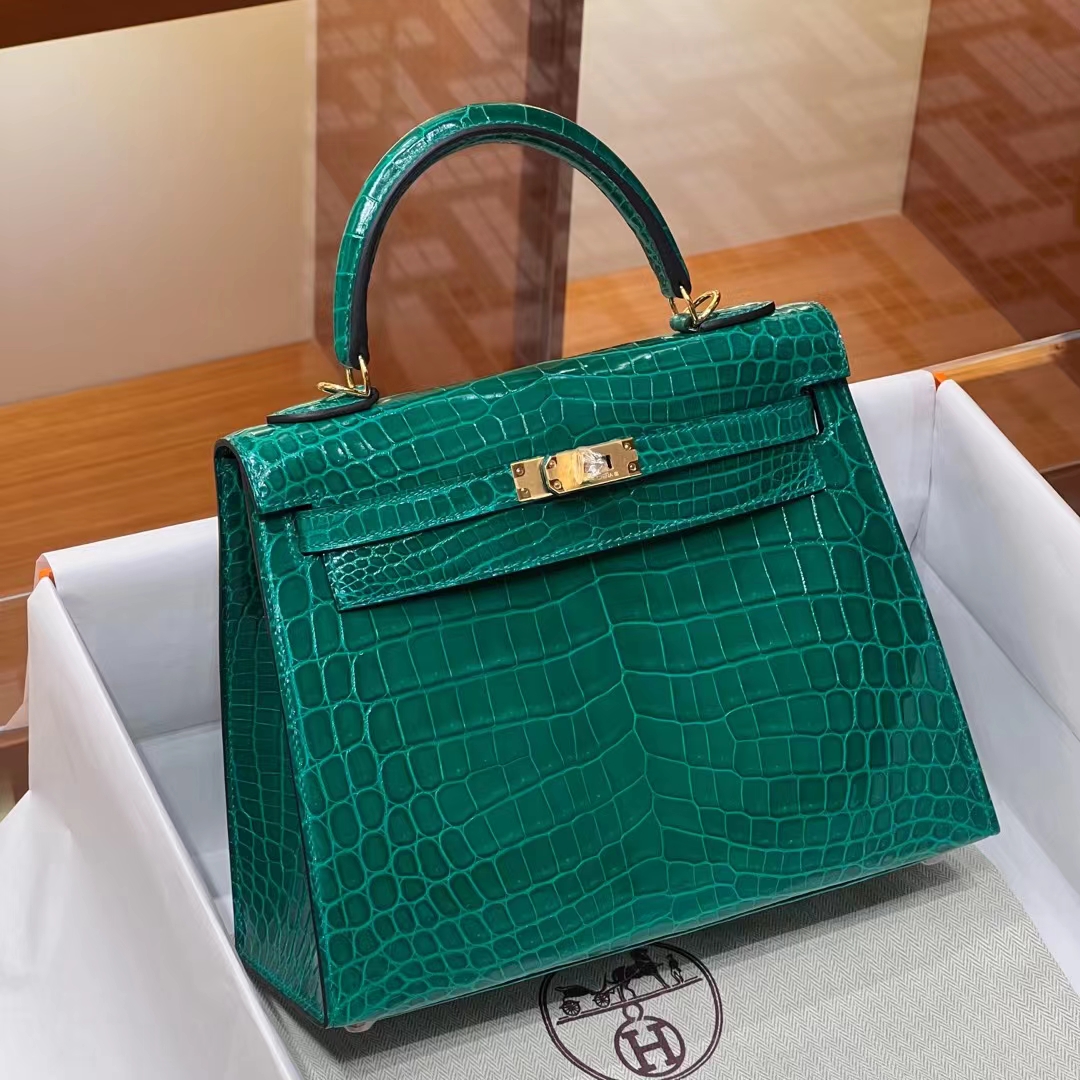 HERMES Kelly 25CM/28CM 6Q Vert Emeraude Alligator GHW Full handmade