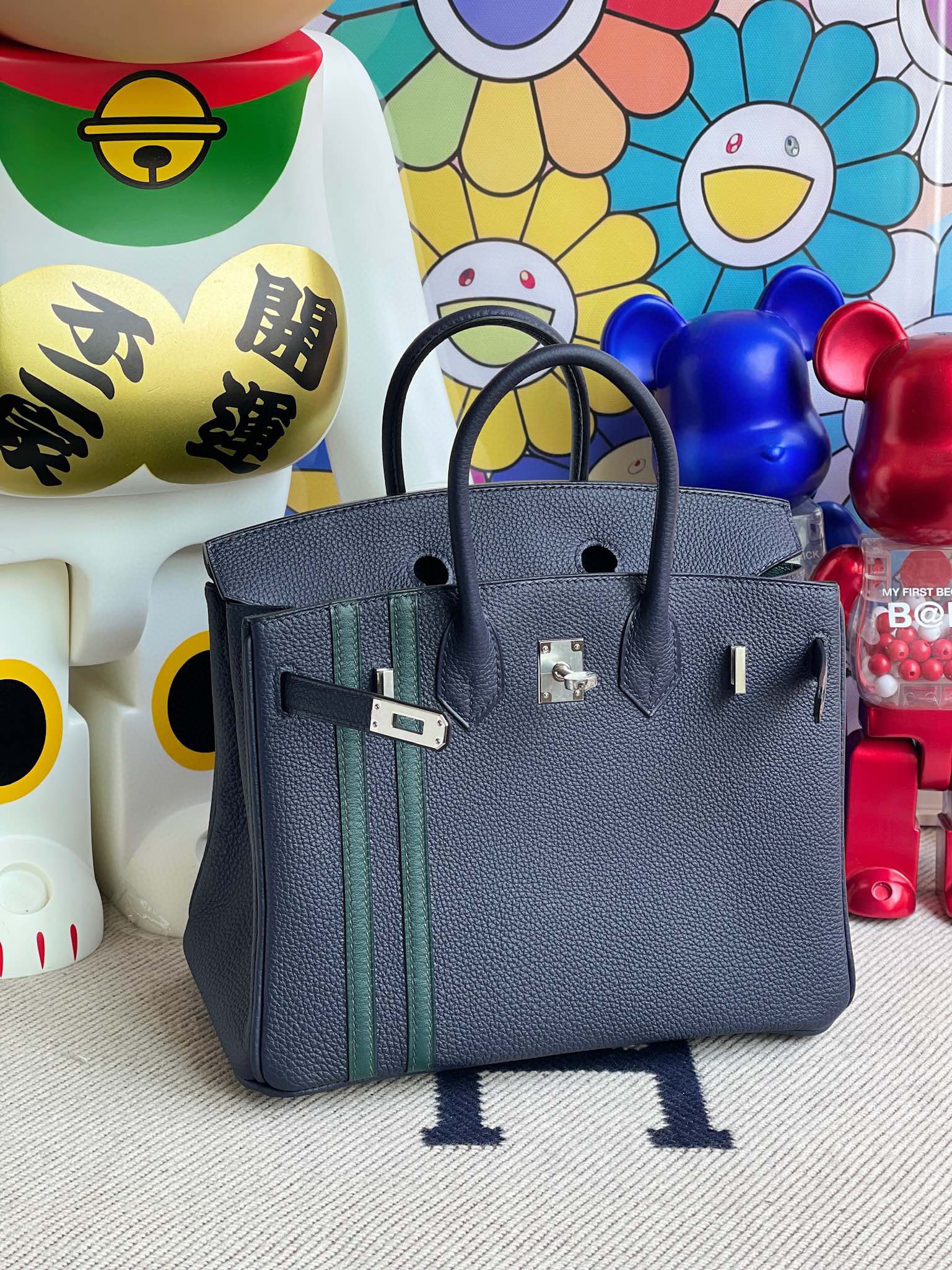 Hermes Birkin 25CM Togo 2Z Blue Nuit / 6O Vert Cypress Silver Hardware ( )