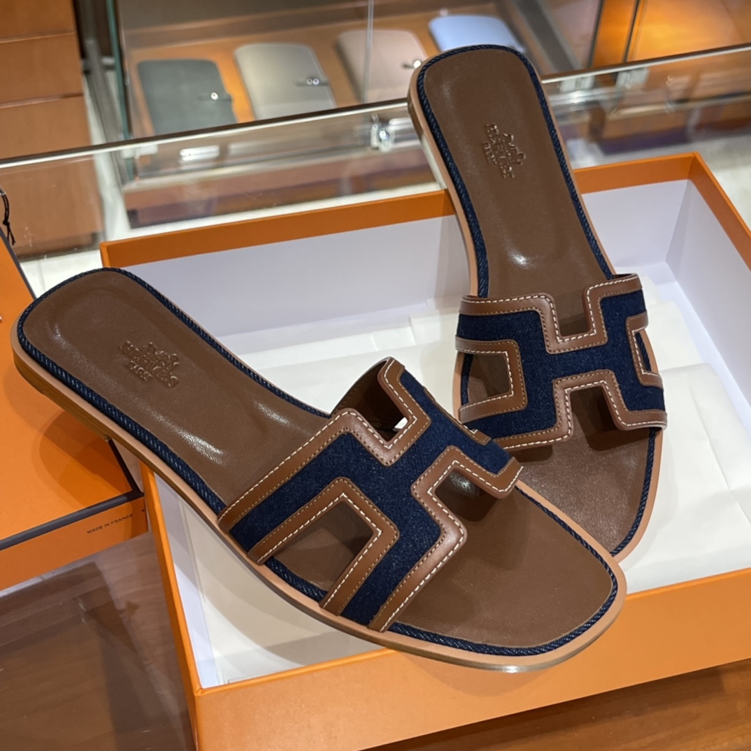 HERMES  Sandals New Slippers Handmade Italian lamb sole 10 days of shipment 73 Blue Saphir&CK37