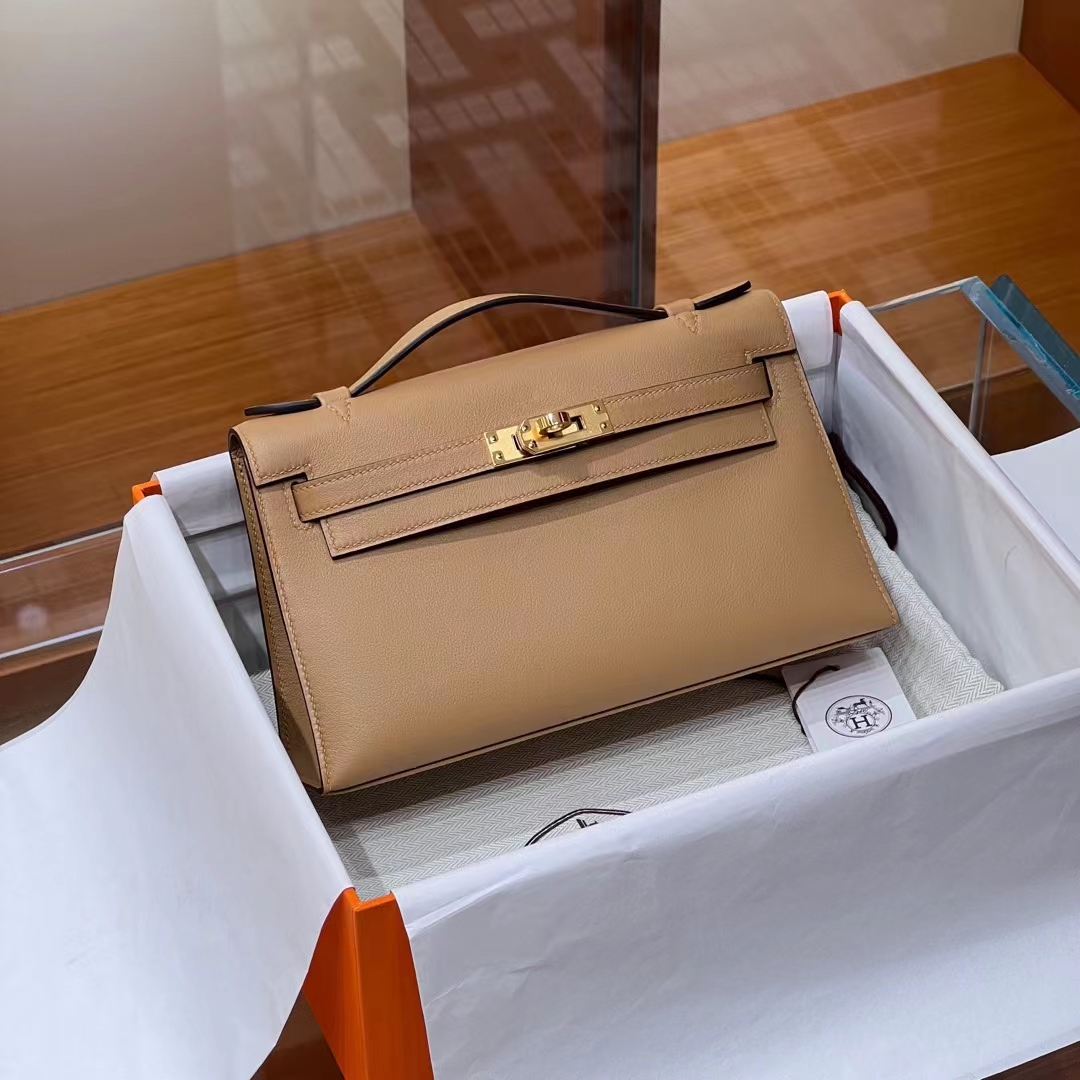 HERMES Kelly Pochette 22CM Gold Swift GHW Full handmade fatory